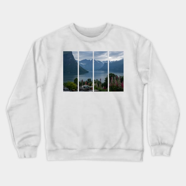 Wonderful landscapes in Norway. Vestland. Beautiful scenery of Romsdal Fjord from the Torvikeidet village. Nice flower composition in foreground. Snowed mountains Summer cloudy day Crewneck Sweatshirt by fabbroni-art